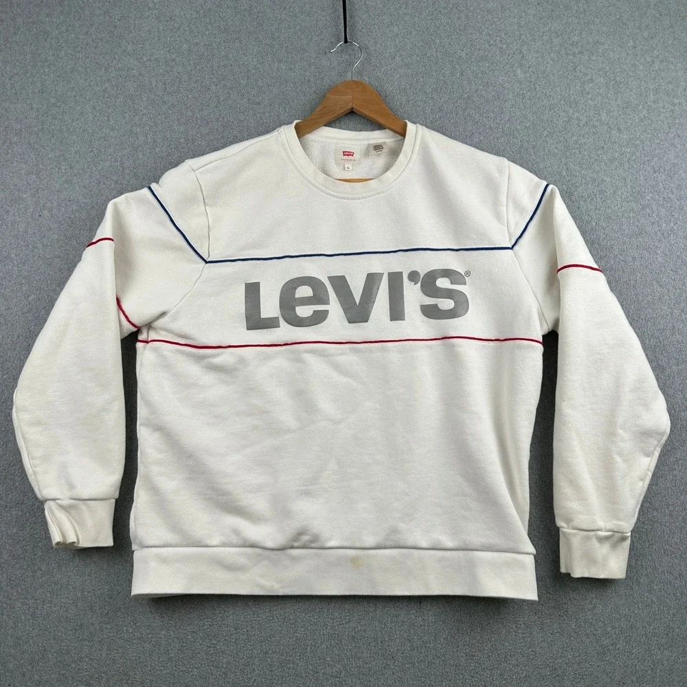 Levi Sweatshirt Mens XL White Logo Crewneck Pullover Red Blue Piping